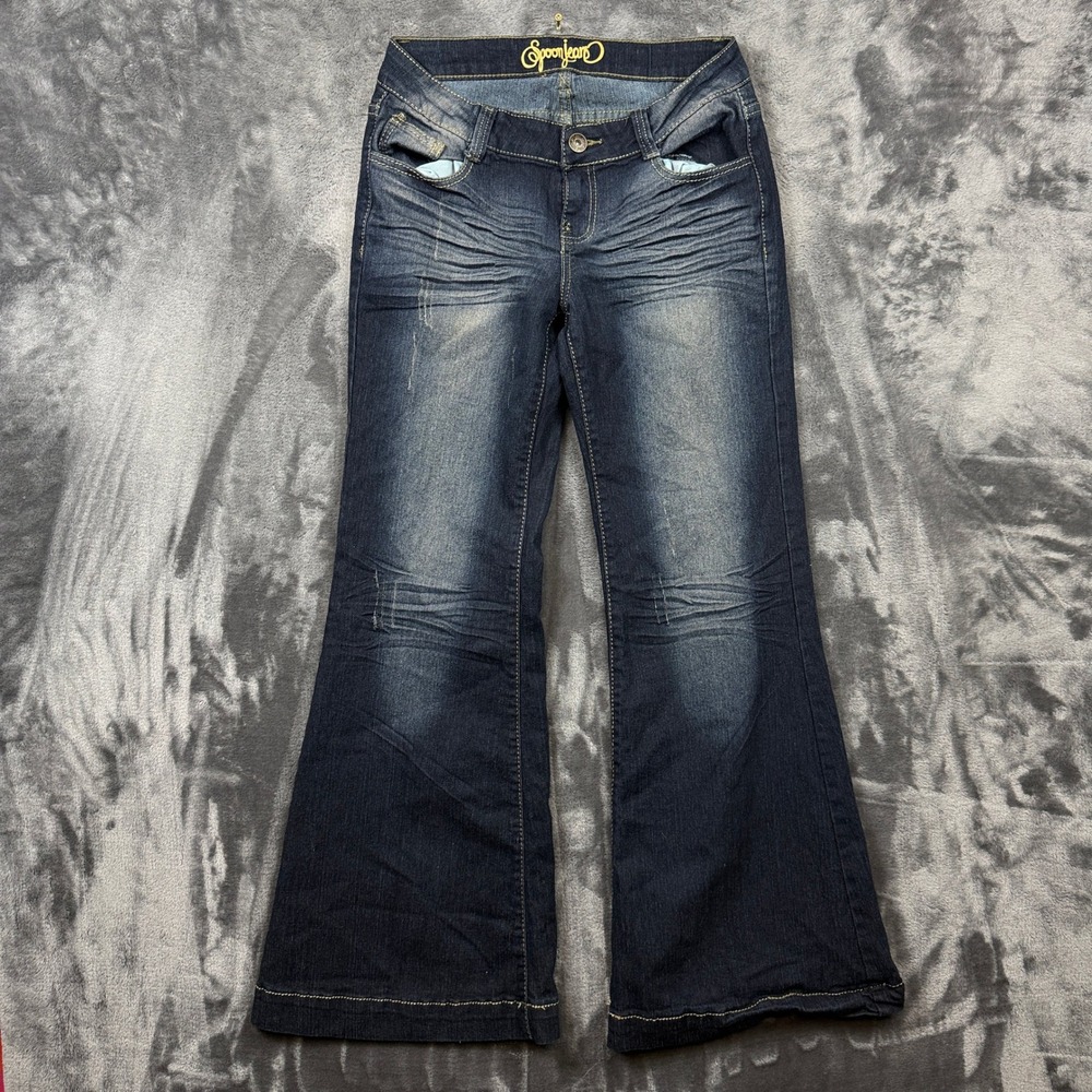 Spoon Jeans Flare Denim Womens Size 9 Dark Blue Excellent Y2K Whiskered Low Rise